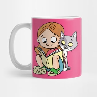 girl reads a picture book and a cat peeks into it Mug